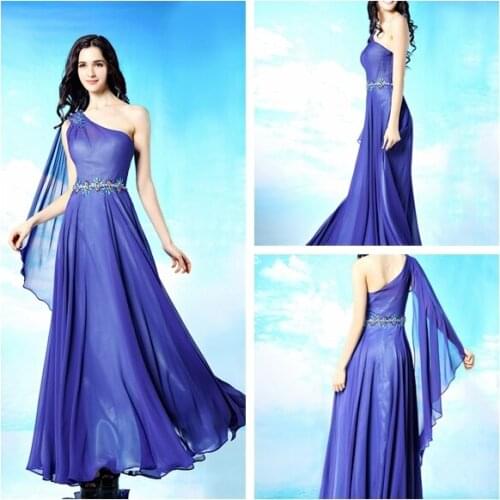 New Elegant blue long one shoulder crystal prom dresses 2015 evening gowns actual pictures vestidos para festa free shipping