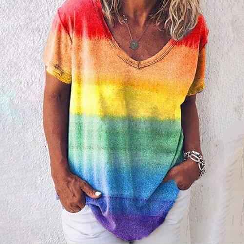New Tops Womens Tee-Shirts Vintage Rainbow Print Pattern Casual Short Sleeve V Neck Top T Shist 2021 femme t-shirts ropa mujer