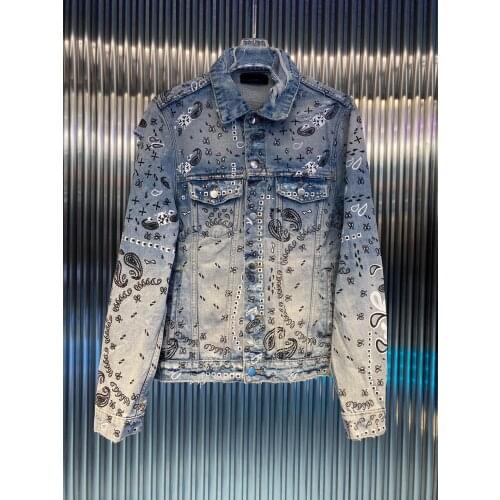 New Style Cashew Flower Destroyed Hole Denim Jacket Mens Coat European and American Fashion Brand