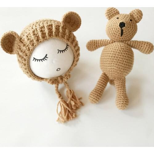 0-2Month Knitted Wool Winter Unisex Baby Hats Newborn Baby Bear Hat Set Girls Boys Photography Crochet Knit Costume