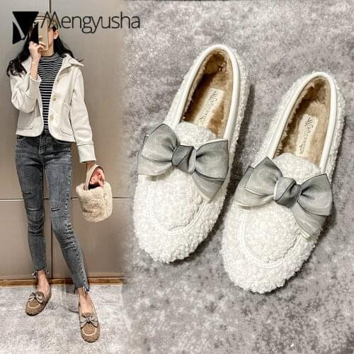 Lamb fur moccasins women sweet bow furry winter flats shoes round toe creepers wool fur loafers female warm plush cotton shoes