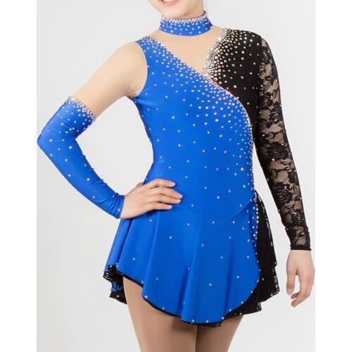 Figure Skating Dress Womens Girls' Ice Skating Dress Blue black lace Stand collar long sleeve Sparkling rhinestones