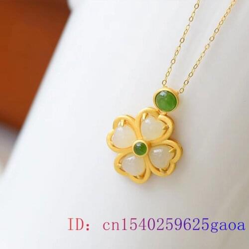 Natural Hetian Jade Clover Pendant Necklace Amulet Fashion Jewelry 925 Silver Women for Chalcedony Gifts