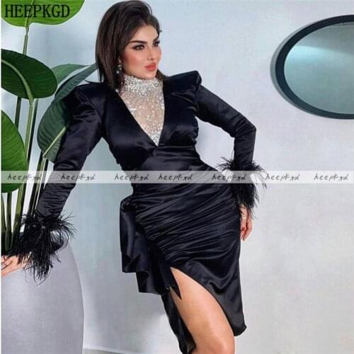 Luxury Black Short Arabic Prom Dresses Silver Crystal Long Sleeve Feather Satin Special Occasion Women Dress Formal Party Gown