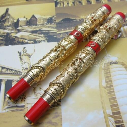 2pcs Jinhao Chinese "double Dragons Playing With The Pearl" Heavy pen Black Fountain Pen and Ball pen with Gift Box J11T2L