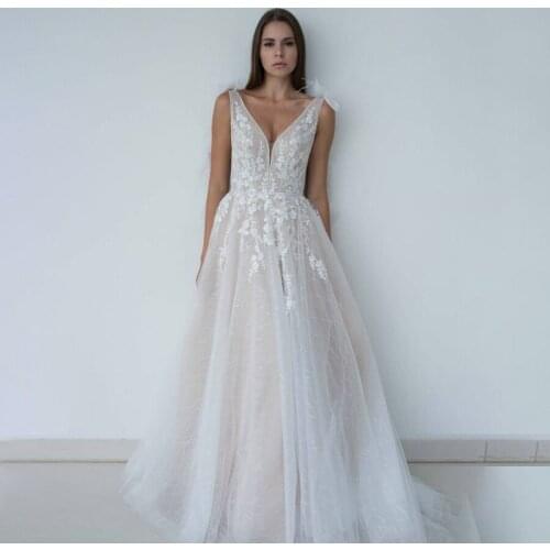 V-neck with Nude Lining A-line Sequin Wedding Dress Champagne robe de mariee manche longue Bridal Dresses