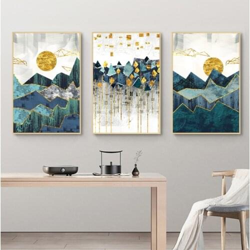 Nordic Abstract Geometric Mountain Landscape Wall Art Canvas Painting Golden Sun Art Poster Print Wall Picture for Living Room