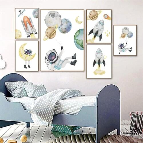 Modern Cartoon Space Astronaut Planet Children Poster Rocket Moon Kindergarten Bedroom Home Decoration Painting Canvas Wall Art