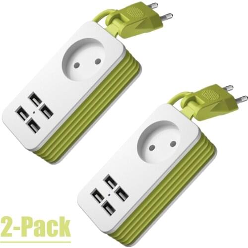 TESSAN 2-Packs EU Travel Socket Power Strip With 1 AC Outlets 4 USB Ports 5V 2.4A and 1.5M/5FT Extension Cord Overload Protector