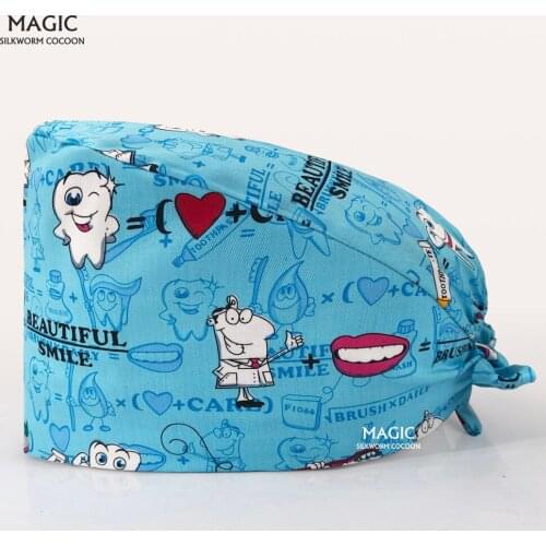 Pet Clinic Veterinary Scrub Hat Multicolor 100%Cotton Cartoon Print Medical Cap with Button Unisex Nursing Scrubs Hat Adjustable