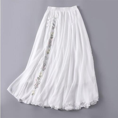 Vintage Skirts Womens 2021 New Arrival White Chiffon Embroidery Retro A-Line Mid Length Female Ethnic Boho Chic Skirt 12524