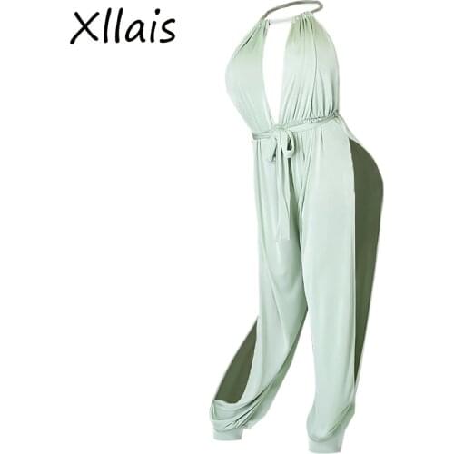 XLLAIS 2021 Summer Vacation Fashion Jumpsuits Women Sexy Halter Neck Loose Bandage Romper Lady High Street Clothes Beach Overall