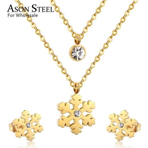 ASONSTEEL Double Chain Jewelry Sets Snowflake Pendants With Zircon Pendants Stainless Steel Christmas Earring Fashion Jewelry