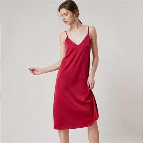 Ladies nightdress solid color simple fashion sexy nightgown summer thin kimono suspender skirt red wedding bottoming dress 2020