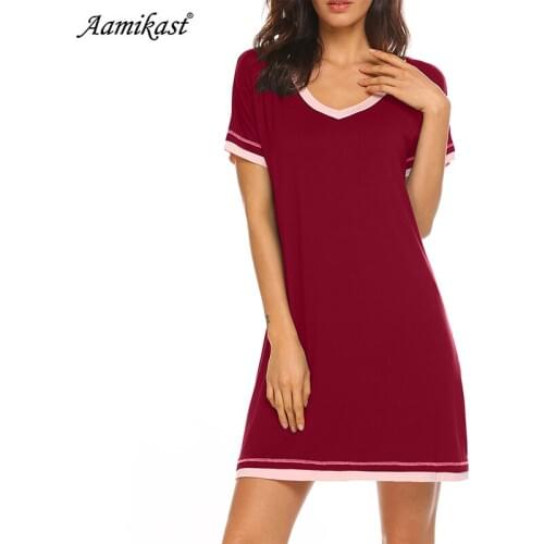 Aamikast Women Nightgown Casual Nightshirt V-Neck Night Dress Short Sleeve Patchwork Loose Female Sleepwear Chemise Dress