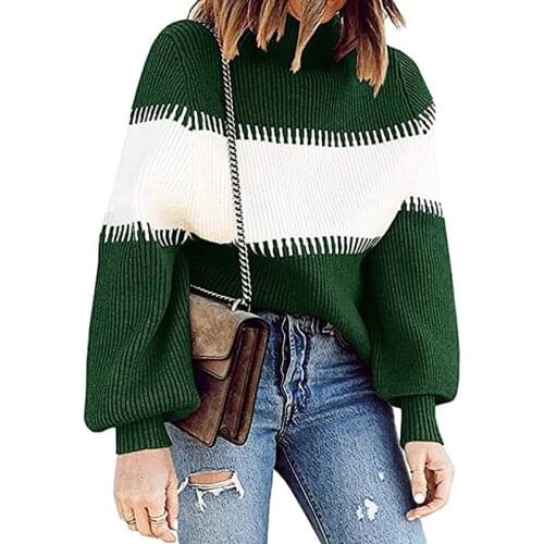Woman Sweater Autumn And Winter Patchwork Turtleneck Women Sweaters Puff Sleeve Fashion Pullover Oversize Warm Knitted Sweater