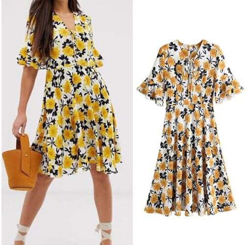 Women dress za 2020 floral print V neck spring summer dress short sleeve A-line dresses female vintage knee-length vestidos