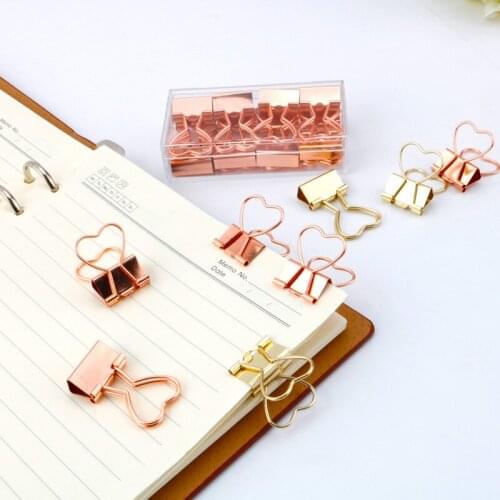 10pcs Love Heart Shaped Paper Clips Gold Rose Gold Binder Clips Hollow Out Metal Clips Photos Tickets Notes Letter Paper Clips