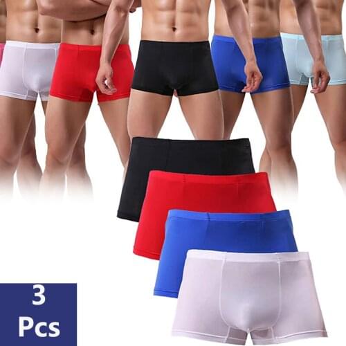 3pcs/set Men Ice Silk Underwear Seamless Transparent Boxer Shorts Thin Sheer Solid Breathable Comfortable Panties Underpants