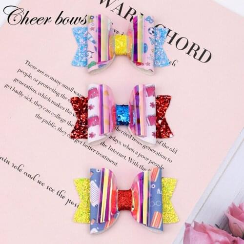 3 Pcs/lots 3" Glitter Back To School Hair Bows For Girls Kids Leather Printed Hair Clips Hairpins Students Hair Accessories