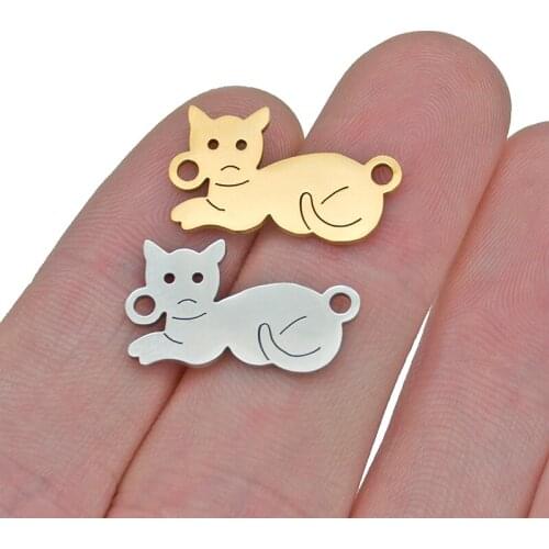 5pcs/lot 100% Stainless Steel Gold Animal Cat Kitty DIY Charms Wholesale Pendant Connectors Jewelry Making Necklace Bracelet