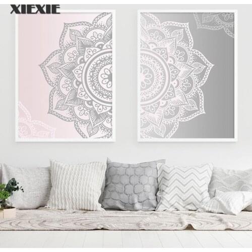Abstract Pink Gray Bohemia Mandala Round Floral Canvas Poster and Print Paintings Wall Art Pictures for Living Room Home Decor