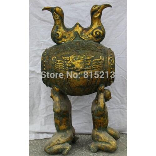 Bi001194 32" Old Chinese Bronze Raise Drum-like things Mandarin duck Bird Statue