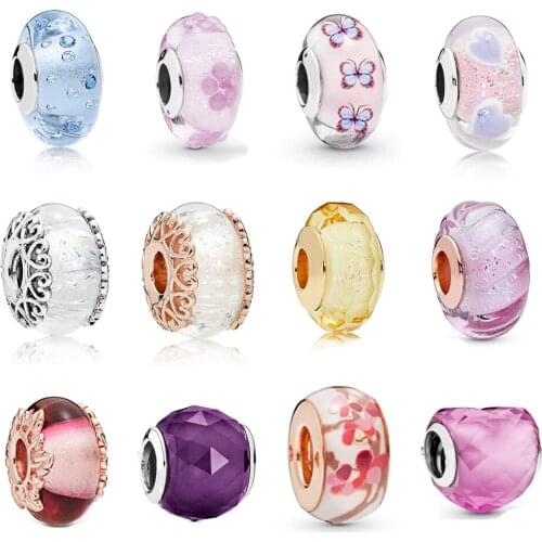 NEW 2019 100% 925 Sterling Silver Rose Pink Murano Glass and Leaves Charm Glass Bead Fit DIY Original Bracelet Jewelry Wholesale