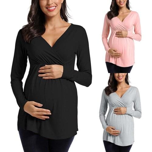 V-neck maternity T-shirt long sleeve pregnancy blouse nursing top breastfeeding solid color nursing tee cotton shirt plus size