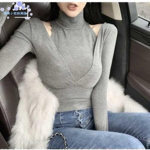 Sexy Off Shoulder Fashion High Collar Fake Two Piece Long Sleeve T-shirt Slim Fit Solid Color Bottomed Shirt Women Tshirt Vogue