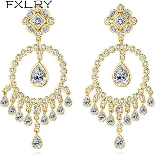 FXLRY Gorgeous Cubic Zircon Earings Fashion Jewelry Long Pendant Tassel Earring for women Bridal Wedding Jewelry