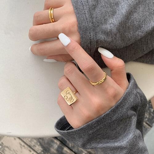 HUANZHI 2020 New Trendy Personality Golden Square Card Abstract Line Smiley Weave Twist Ring for Women Girls Party Jewelry Gifts