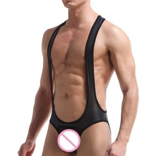 Mens Jumpsuits PU Leather Sexy Underwear Mesh Oepn Crotch Penis Pouch Male Bodysuit Wrestling Singlet Undershirts Underwear XL
