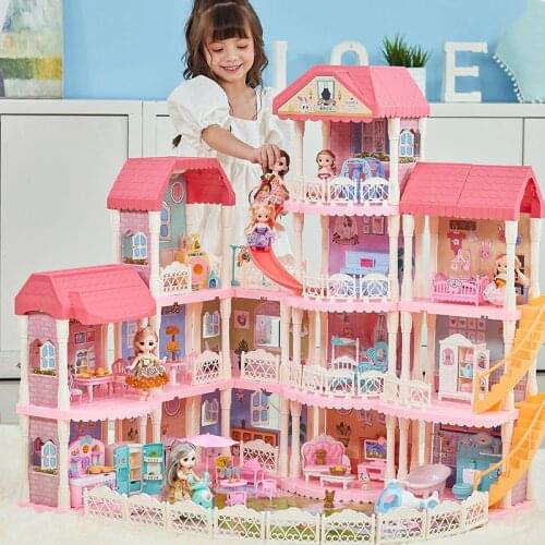 Princess Big Villa DIY Plastic Dollhouse Play Room Furniture Kit With Light Assembled Doll House Toys for Girls Children Gifts