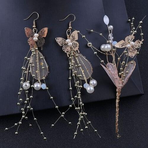 Headband Earrings Set Korean Style Faux Pearl Handmade Pomadet Butterfly Barrette Wedding Bride Headdress BN