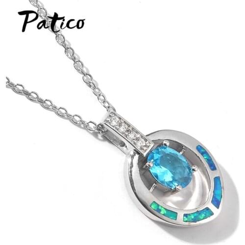 Crystal Rhinestones 925 Sterling Silver Pendant Necklaces Oval Shape Blue Opal Necklace Statement Jewelry Gift