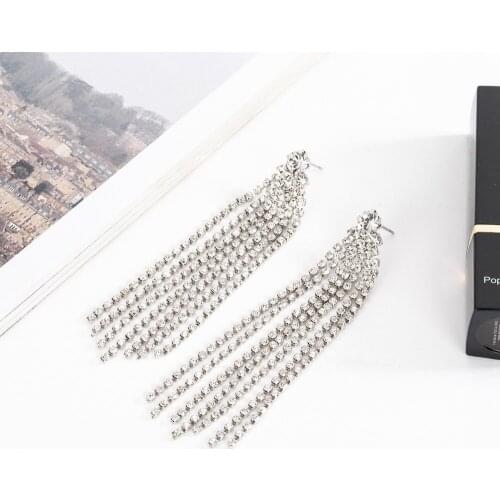 Fashion Crystal Long Tassel Wedding Earrings Silver Color Bridal Drop Dangle Earrings 2019 Engagement Jewelry Accessories E597