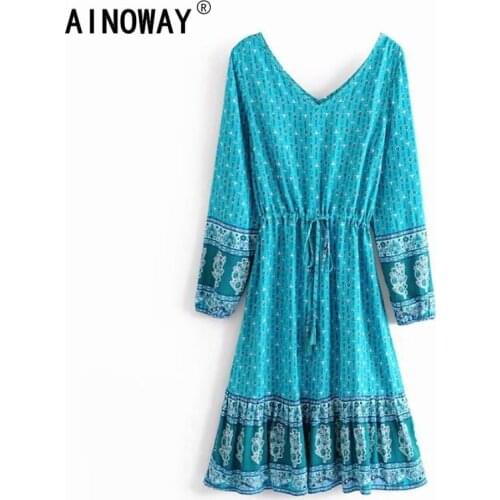 Vintage chic women Floral print bat sleeve beach Bohemian midi dress Ladies V neck Sashes Summer Boho dress vestidos