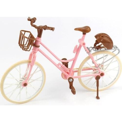High Quality Beautiful Bicycle Fashion Detachable Pink Bike With Brown Plastic Helmet For Dolls Accessories