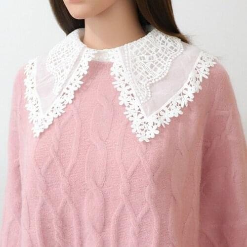 Women Double Layer Large Lapel False Fake Collar Sweet Hollow Out Floral Lace Chiffon Decorative Detachable Half Blouse
