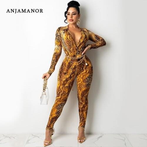 ANJAMANOR Sexy Two Piece Set Clubwear Animal Printed Women Clothing Full Body Jumpsuit Pants High Waist Matching Sets D42-DB35