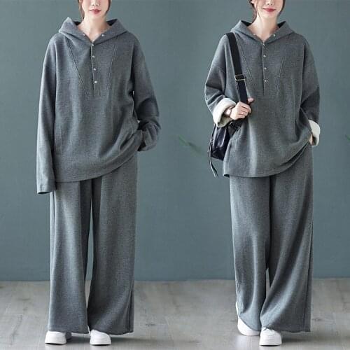 Gray fashion suit womens spring autumn new loose casual hooded sweater age reduction thin two-piece wide-leg pants female s154