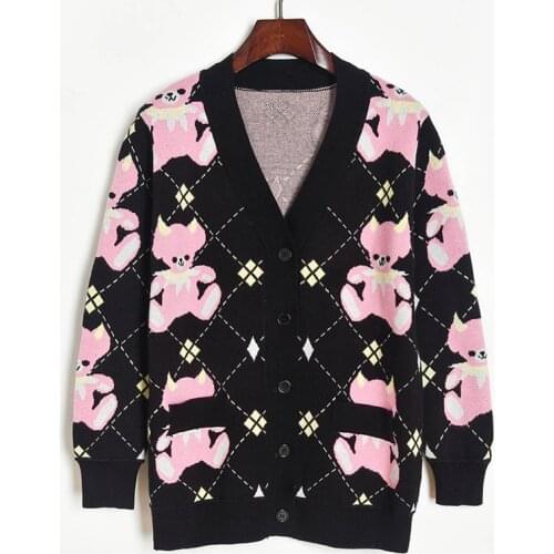 Pink Bears Jacquard Black Knit Cardigan Sweater Women 2020 Autumn Winter V Neck Loose Casual Plaid Cardigans Oversize Knitwear
