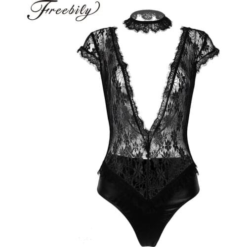 Womens See-through Sheer Sexy Lingerie Lace Patchwork Deep-V Bust and Back High Cut Thong Leotard Teddy Bodysuit Clubwear