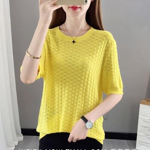 Hollow Out Summer Knitted Pullover Tops White Half Sleeve Thin Knit Pull Jumpers Casual Cool Tops Female Pull Top