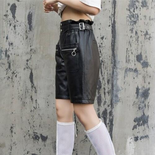 New Real Half Length Pant Women High Waist Genuine Leather Straight Short Trousers Ladies Black Casual Zipper Streetwear