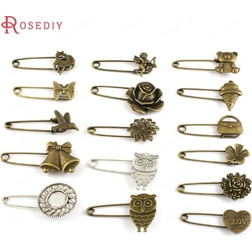 C318)6 pieces 50x11mm Iron Big Brooch Pins Weld Alloy Ice cream Heart Rose Birds Bear Angel Butterfly Horse Jewelry Findings