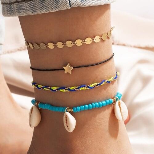 Tocona 4pcs/sets Boho Shell Gold Color Anklets for Women COlorful Rope Star Bead Tassel Foot Chain Summer Jewelry Accessories