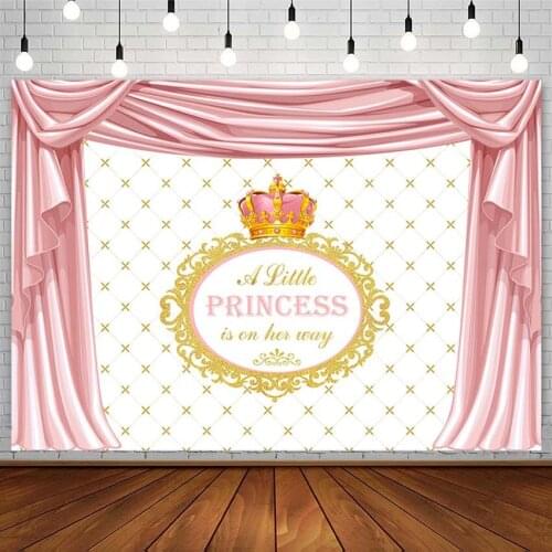 Little Princess Backdrop Girl Baby Shower Pink Curtain Gold Crown Photography Background Photoshoot Studio Photozone Decor Props