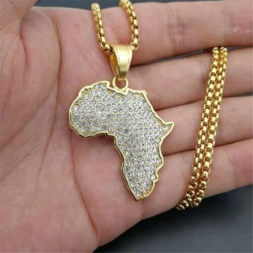 Hip Hop Iced Out Africa Map Pendant Necklace Gold Color Stainless Steel Rhinestones Necklace African Jewelry Wholesale